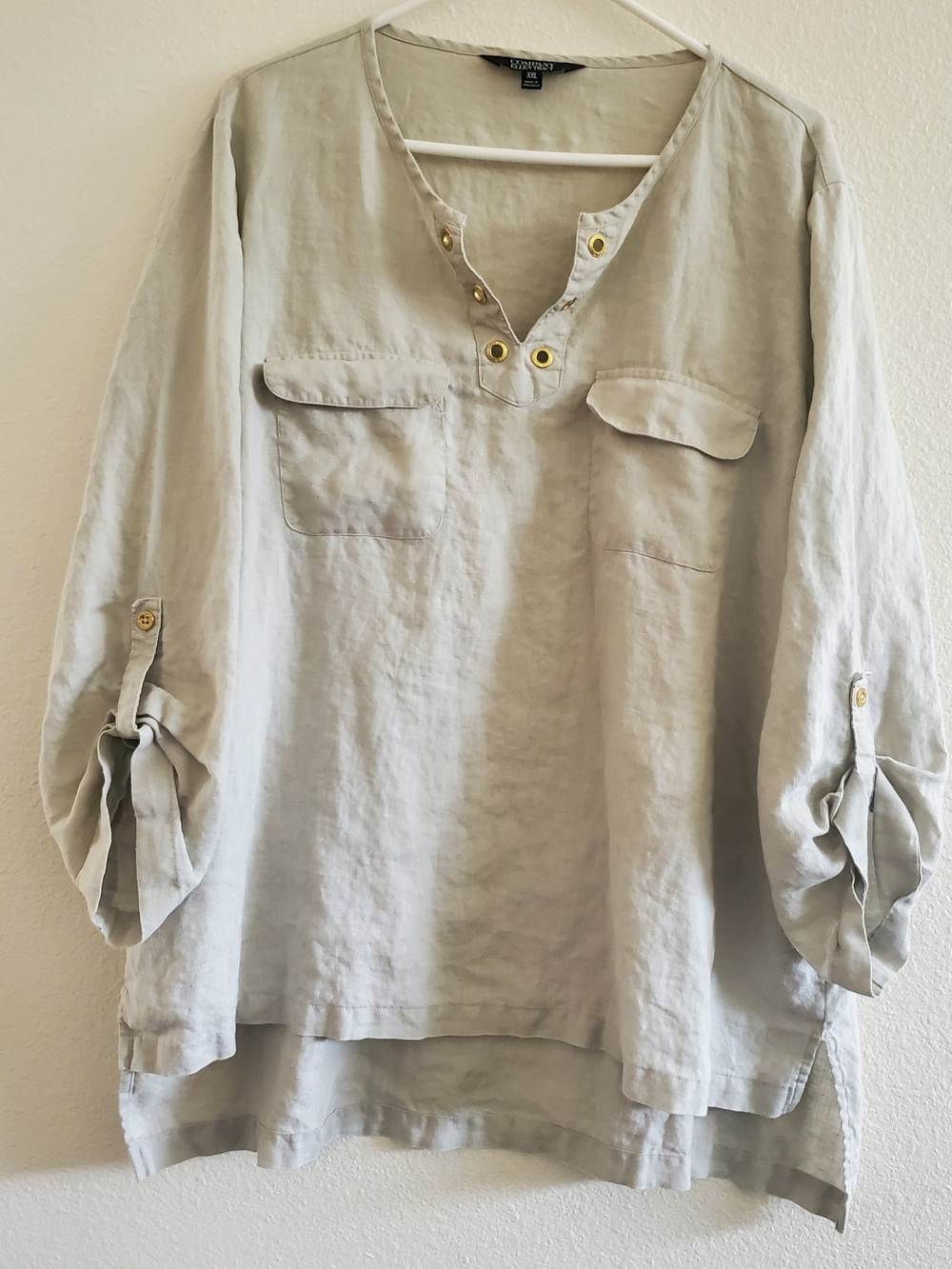100% Linen Tunic Khaki Color Top With Pockets Size XXL